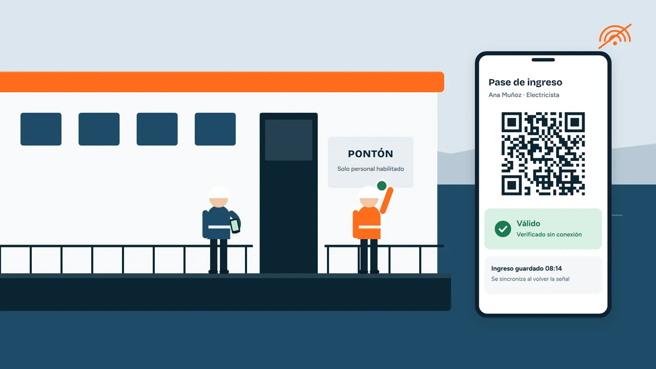 Ingreso a un pontón sin señal: el teléfono del encargado valida el pase QR de una electricista y guarda el ingreso para sincronizarlo después